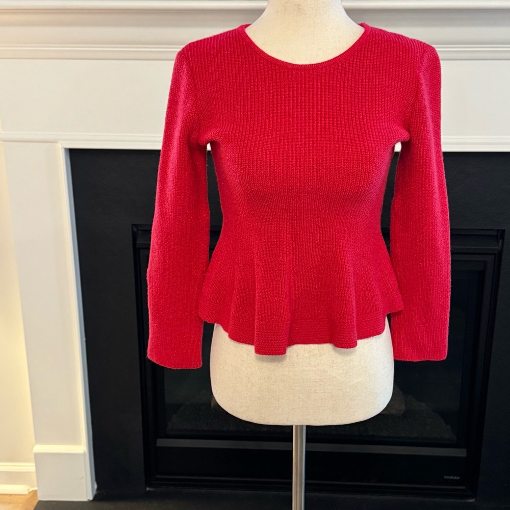 St. John Red Knit Peplum Sweater | Wool Blend | Sculpted Waist | Made in USA